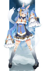 1girl :d absurdres animal_ears arm_at_side blue_dress blue_footwear blue_hair blue_hat blue_sleeves border braid braided_bun carrot_print clothing_cutout cloud commentary_request don-chan_(usada_pekora) double_bun dress earrings food_print frilled_sleeves frills gold_thighlet hair_bun hand_up hat head_tilt high_heels highres hololive jewelry jiangshi_costume knee_cutout legs_apart long_hair long_sleeves looking_at_viewer miniskirt moto_oji-san official_alternate_costume official_alternate_hairstyle ofuda open_mouth pillarboxed pleated_skirt pom_pom_(clothes) pom_pom_earrings pom_pom_footwear qingdai_guanmao rabbit-shaped_pupils rabbit_ears rabbit_girl red_eyes skirt sleeves_past_wrists smile solo standing string_belt symbol-shaped_pupils teeth thick_eyebrows thigh_strap thighhighs twintails upper_teeth_only usada_pekora usada_pekora_(10th_costume) virtual_youtuber wedge_heels white_border white_hair white_skirt white_thighhighs