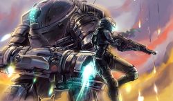 1girl airborne assault_rifle cloud commentary eltir fire glowing glowing_eyes gun helmet highres holding holding_gun holding_weapon korean_commentary mecha pilot_(titanfall_2) pilot_suit pulse_blade_pilot_(titanfall_2) r-201_soar rifle robot science_fiction scorch_(titanfall_2) sky titan_(titanfall) titanfall_(series) titanfall_2 weapon