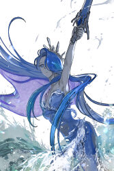 1girl armpits blue_dress blue_eyes blue_hair closed_mouth cookie_run coral_hair_ornament covered_navel cowboy_shot dress expressionless hair_over_one_eye highres holding holding_sword holding_weapon imam_(oozlo) korean_commentary liquid_hair ocean pale_skin sea_fairy_cookie solo sword water water_drop weapon weapon_request