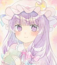 1girl blue_bow blue_ribbon blush book bow closed_mouth commentary_request crescent crescent_hat_ornament hair_bow hat hat_ornament hat_ribbon highres holding holding_book kagome_f long_hair looking_at_viewer mob_cap painting_(medium) patchouli_knowledge pink_bow purple_eyes purple_hair ribbon shikishi smile solo touhou traditional_media upper_body watercolor_(medium)