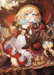 1girl :p aqua_eyes aqua_hair black_thighhighs blonde_hair blush bow braid cage cake candy chocolate chocolate_cake colored_inner_hair confetti cream dress drill_hair eating famillie_(millie_parfait) food frilled_dress frills hair_bow hat highres in_cage large_hat long_hair looking_at_viewer millie_parfait multicolored_hair multiple_hair_bows nijisanji nijisanji_en papa_(you_have_today) sitting tearing_up thighhighs tongue tongue_out twin_drills virtual_youtuber witch witch_hat zettai_ryouiki