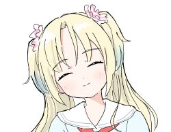 1girl ^_^ blonde_hair blue_dress blue_hair blush closed_eyes closed_mouth commentary dress facing_viewer flower hair_flower hair_ornament hasu_no_sora_school_uniform head_tilt highres link!_like!_love_live! love_live! neckerchief osawa_rurino parted_bangs pink_flower portrait red_neckerchief sailor_collar sailor_dress school_uniform simple_background smile solo split_mouth summer_uniform symbol-only_commentary tazaki_masanobu twintails virtual_youtuber white_background white_sailor_collar