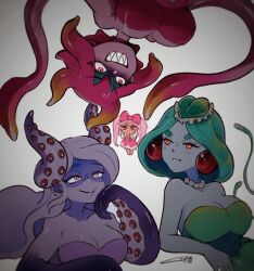 Rule 34 | 4girls, blonde hair, blue dress, breasts, brown eyes, cleavage, dark-skinned female, dark skin, dress, earrings, gradient hair, green dress, green hair, highres, ippaiotabe mkw, jewelry, large breasts, long hair, looking at another, marina (omori), medusa (omori), molly (omori), monster girl, multicolored hair, multiple girls, necklace, omori, parted lips, pink eyes, pink hair, red dress, sharp teeth, short hair, slime girl, sweetheart (omori), teeth, tentacle hair, white hair