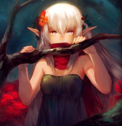 Rule 34 | 1girl, bad id, bad pixiv id, bare shoulders, branch, elf, female focus, flower, hair ornament, highres, long hair, marvella aurelie, original, pink eyes, pointy ears, scarf, solo
