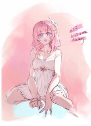 1girl babydoll blacies blue_eyes breasts chinese_commentary commentary_request cyrene_(honkai:_star_rail) english_text hair_ornament highres honkai:_star_rail honkai_(series) looking_at_viewer open_mouth pink_hair pink_pupils short_hair smile solo white_babydoll