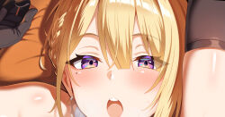 1girl arm_up bed bilingual_commentary black_gloves blonde_hair blush commentary commentary_request cropped earrings elbow_gloves english_commentary evelyn_chevalier gloves hand_up jewelry lying mixed-language_commentary mole mole_under_eye on_back on_bed open_mouth partial_commentary purple_eyes short_hair solo sweat takashia_(akimototakashia) teeth upper_teeth_only zenless_zone_zero