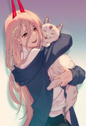 animal blonde_hair blue_jacket blush cat chainsaw_man fluffy highres holding holding_animal holding_cat hood hood_down hooded_jacket hoodie horns hug jacket long_hair lucidsky meowy_(chainsaw_man) orange_eyes power_(chainsaw_man) smile tagme white_fur