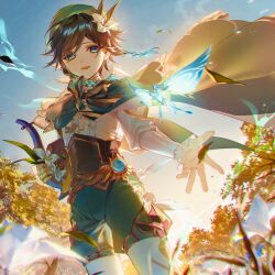 1boy androgynous anemo_symbol_(genshin_impact) bard beret blue_eyes blurry blurry_foreground braid bug butterfly cape collared_cape falling_leaves flower frills from_below genshin_impact green_cape green_hat green_shorts hair_flower hair_ornament hat highres insect instrument juliet_sleeves leaf long_sleeves lyre male_focus open_mouth outdoors puffy_sleeves sainome_(imveryfinethx) short_hair shorts sky solo tree venti_(genshin_impact) vision_(genshin_impact) white_flower