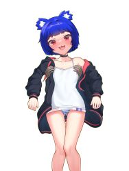 1girl :3 :d absurdres animal_ear_fluff animal_ears armpit_carry arms_at_sides bear_ears bear_girl black_choker black_coat blue_hair blue_panties blunt_bangs blunt_ends blunt_sidelocks blush bob_cut borrowed_character cameltoe center-flap_bangs choker coat collarbone commentary covered_navel curled_fingers dangling disembodied_hand dot_nose double_vertical_stripe drawstring dress embarrassed english_commentary eyebrows_hidden_by_hair fang feet_out_of_frame flat_chest foot_dangle from_below gluteal_fold go!_go!_gris! grabbing_from_behind grin gris_(vertigris) hair_intakes half-closed_eyes happy head_tilt highres hood hood_down hooded_coat knees knees_together_feet_apart lifting_person long_eyelashes long_sleeves looking_at_viewer looking_down moriforests narrowed_eyes open_clothes open_coat open_hands open_mouth original panties pantyshot petite pink_coat pink_trim puffy_long_sleeves puffy_sleeves raised_eyebrows red_eyes see-through_clothes see-through_skirt short_dress short_hair sidelocks simple_background single_bare_shoulder single_off_shoulder skirt sleeveless sleeveless_dress smile solo_focus spaghetti_strap sparkling_eyes striped_clothes striped_panties thick_eyelashes thigh_gap thighs torso_grab tsurime two-sided_coat two-sided_fabric two-tone_panties underwear upskirt white_background white_dress white_panties wide_hips