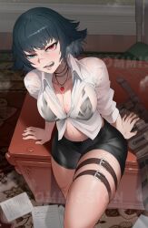 Rule 34 | 1girl, absurdres, bike shorts, black bra, black hair, blush, bra, bra visible through clothes, breasts, cleavage, commission, desk, devil may cry, devil may cry (series), devil may cry 3, green eyes, heterochromia, highres, jewelry, kopam, lady (devil may cry), looking at viewer, midriff, necklace, open mouth, paid reward available, red eyes, scar, scar on face, scar on nose, shirt, sitting, sweat, thigh strap, underwear, watermark, wet, wet clothes, wet shirt