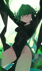 1girl absurdres arms_up black_dress breasts dress green_eyes green_hair highres long_sleeves medium_breasts one-punch_man pelvic_curtain short_hair tatsumaki thighs wako_(1194433260)