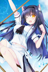 1girl :d adversarial_noise animal_ear_fluff animal_ears arm_up ascot black_ascot black_choker black_hair black_hairband blue_capelet blue_sky blush bone_hair_ornament breasts capelet cat_ears cat_girl chibinon choker clenched_hand commentary day dutch_angle excited eyelashes eyes_visible_through_hair feet_out_of_frame floating_hair frilled_capelet frilled_choker frills hair_between_eyes hair_ornament hairband hand_up happy highres kemonomimi_mode knees_together_feet_apart kushima_kamome large_breasts long_hair looking_at_viewer midriff miniskirt navel official_alternate_costume one_eye_closed open_mouth outdoors puffy_short_sleeves puffy_sleeves rope school_uniform serafuku shirt short_sleeves sidelocks sitting skirt skull_and_crossbones skull_hair_ornament sky smile solo sparkle straight_hair summer_pockets summer_pockets_school_uniform very_long_hair water_drop white_serafuku white_shirt white_skirt yellow_eyes