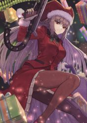 Rule 34 | 1girl, bow, braid, fate/grand order, fate (series), florence nightingale (fate), florence nightingale (santa) (fate), fur-trimmed headwear, fur trim, gift, green bow, gun, hat, highres, holding, holding weapon, janoukyo19, pantyhose, red eyes, santa costume, santa hat, silver hair, thighhighs, weapon
