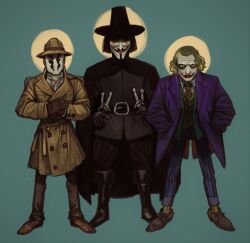 3boys batman_(series) belt black_cape black_footwear black_headwear black_pants black_shirt boots brown_coat brown_footwear brown_pants cape clown coat crossover dagger dc_comics facepaint fedora formal_clothes full_body green_hair green_vest guy_fawkes_mask hair_dye hands_in_pockets hat highres inkblot inkblot_test jacket knife looking_at_viewer male_focus mask mossacannibalis multiple_boys multiple_crossover necktie pants polka_dot purple_jacket purple_pants purple_suit rorschach shirt standing suit suit_jacket superhero_costume the_dark_knight the_joker trench_coat v_(v_for_vendetta) v_for_vendetta vest watchmen weapon