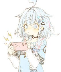 1girl abara_heiki ahoge blue_eyes blue_hair braid holding holding_phone hololive hololive_dev_is mizumiya_su multicolored_hair phone pink_hair simple_background solo twin_braids two-tone_hair upper_body virtual_youtuber white_background