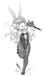 1girl animal_ears breasts fake_animal_ears full_body granblue_fantasy greyscale harvin highres holding holding_wand leotard lilele_(granblue_fantasy) long_hair monochrome one_eye_closed pantyhose playboy_bunny pointy_ears rabbit_ears small_breasts solo standing standing_on_one_leg star_(symbol) transparent_background v v_over_eye wand yggsil