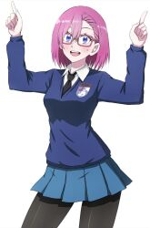 1girl 2.5_jigen_no_ririsa alternate_costume amano_ririsa asymmetrical_bangs black_necktie black_pantyhose blue_eyes blue_skirt blue_sweater bob_cut commentary cowboy_shot dress_shirt emblem girls_und_panzer glasses highres index_fingers_together long_sleeves looking_at_viewer miniskirt necktie omachi_(slabco) open_mouth pantyhose pink_hair pleated_skirt red-framed_eyewear school_uniform shirt short_hair simple_background skirt smile solo st._gloriana&#039;s_(emblem) st._gloriana&#039;s_school_uniform standing sweatdrop sweater v-neck white_background white_shirt wing_collar