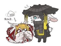Rule 34 | 1boy, 1girl, animal ears, black boots, black dress, black hat, black scarf, blonde hair, blue eyes, boots, dress, faust (project moon), food, full body, hat, heishou pack-mao branch (identity) (project moon), highres, jingasa, limbus company, ohzv, onigiri, project moon, rabbit ears, rabbit tail, scarf, short hair, simple background, sinclair (project moon), tail, tears of the tarnished blood (e.g.o), white background, white hair