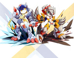 2girls absurdres bingshan claws digimon digimon_adventure genderswap genderswap_(mtf) green_eyes highres metalgarurumon multiple_girls personification red_hair swimsuit swimsuit_under_clothes wargreymon yellow_eyes
