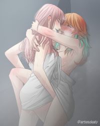 2girls artesdealy bath bathing blush couple covering_privates earrings eye_contact face-to-face facing_another feather_earrings feathers fingering grabbing gradient_hair highres hololive hololive_english hug implied_fingering jewelry looking_at_another moaning mori_calliope multicolored_hair multiple_girls naked_towel open_mouth orange_hair shared_shower shower_(place) showering spread_legs steam takanashi_kiara the_sims towel vaginal virtual_youtuber water wet wet_hair wet_towel wife_and_wife yuri