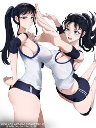 1girl alternate_costume aqua_eyes ass black_hair gym_shorts highres navel nico_robin one_piece opalis paid_reward_available ponytail shorts simple_background solo sportswear tank_top volleyball_uniform white_background