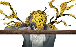 Rule 34 | 1boy, black hair, closed mouth, e.g.o (project moon), flower, full body, ginkgo leaf, highres, korean clothes, leaf, limbus company, looking at viewer, male focus, one eye closed, one eye covered, pants, project moon, short hair, simple background, solo, spicebush (e.g.o), standing, sympathetickoto, white background, yellow eyes, yi sang (project moon)