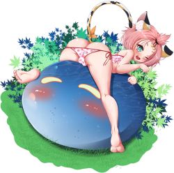 1girl absurdres animal_ears ass bikini blush cameltoe cat_ears cat_girl cat_tail diona_(genshin_impact) ether_core fat_mons genshin_impact grass highres loli looking_at_viewer one_eye_closed partially_visible_vulva pink_bikini sexually_suggestive short_hair slime slime_(genshin_impact) smile solo swimsuit tail transparent_background wink