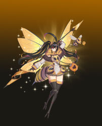 1girl absurdres ahoge antennae arm_up arthropod_girl bee bee_girl black_background black_hair black_sclera blonde_hair bug carapace colored_sclera commentary_request full_body fur_collar fur_trim gradient_background gradient_hair half_mask highres holding holding_polearm holding_weapon honey honeycomb_(pattern) huge_ahoge insect insect_girl insect_wings long_hair mask multicolored_hair original polearm solo sparkle spear stinger streaked_hair towards_a_dream._seulha twintails two-tone_background two-tone_hair very_long_hair weapon wings yellow_background yellow_eyes