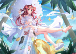 1girl :p absurdres animal arknights bare_shoulders barefoot bikini blue_sky blush bug butterfly closed_mouth cloud commentary_request day duck_innertube eyewear_on_head feet flower food frilled_bikini frilled_umbrella frills green_eyes hair_flower hair_ornament hands_up heart heart-shaped_eyewear highres holding holding_food horizon innertube insect legs myrtle_(arknights) myrtle_(summer_flowers)_(arknights) ocean orangeizumi outdoors palm_tree pointy_ears popsicle red-framed_eyewear red_flower red_hair right_shoe_removed sandals shoe_soles single_sandal sitting sky smile solo suitcase sunglasses swim_ring swimsuit tongue tongue_out transparent tree two_side_up umbrella v water white_bikini white_sandals white_umbrella