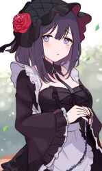 1girl apron black_dress black_hat blurry blurry_background bonnet breasts commentary cosplay cuffs detached_collar dress flower frilled_apron frilled_sleeves frills gothic_lolita hair_between_eyes hat hat_flower highres kitagawa_marin kuroe_shizuku kuroe_shizuku_(cosplay) large_breasts light_blush lolita_fashion looking_at_viewer maid_apron medium_hair onigiri_noe own_hands_together parted_lips purple_eyes purple_hair red_flower red_rose rose shackles solo sono_bisque_doll_wa_koi_wo_suru upper_body waist_apron white_apron wide_sleeves