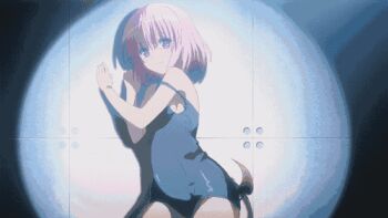 Rule 34 | 1boy, 1girl, animated, animated gif, blue one-piece swimsuit, chain, demon tail, food, hands on another&#039;s head, implied fellatio, lowres, momo velia deviluke, non-web source, one-piece swimsuit, pink hair, popsicle, purple eyes, school uniform, sexually suggestive, swimsuit, tail, to love-ru, yuuki rito