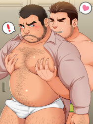 Rule 34 | 2boys, bara, bare pectorals, beard stubble, big belly, blush, briefs, bulge, cowboy shot, erection, erection under clothes, facial hair, fat, fat man, foreplay, grabbing from behind, hairy, hand hair, heart, large pectorals, light frown, locker, locker room, male focus, male underwear, mature male, multiple boys, muscular, muscular male, navel, navel hair, nipples, no pants, open clothes, open shirt, original, pectoral grab, pectorals, shinohe (4454649), short hair, sparse chest hair, spoken heart, standing, stomach, stubble, thick arm hair, thick eyebrows, thick leg hair, thick navel hair, thick thighs, thighs, underwear, very hairy, white male underwear, yaoi