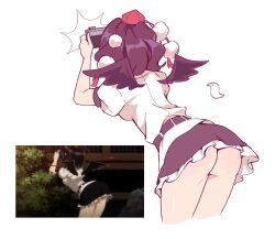 1girl ass bare_legs belt black_belt black_hair black_skirt black_wings bottomless camera camera_flash frilled_skirt frills hat highres holding holding_camera leaning_forward no_panties pom_pom_(clothes) reference_inset rhythm_pagi shameimaru_aya shirt short_sleeves simple_background skirt solo taking_picture the_memories_of_phantasm thighs tokin_hat touhou white_background white_shirt wings