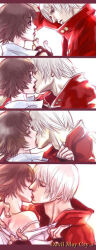 1boy 1girl black_gloves black_hair closed_eyes coat copyright_name dante_(devil_may_cry) devil_may_cry devil_may_cry_(series) devil_may_cry_3 fingerless_gloves from_side gloves illexiss kabedon kiss lady_(devil_may_cry) red_coat undressing white_hair