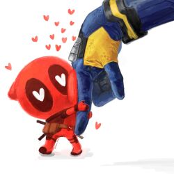 Rule 34 | 2boys, belt, blue gloves, bodysuit, chibi, commentary request, deadpool, deadpool &amp; wolverine, deadpool (series), finger grab, giant, giant male, gloves, hamu popopo, heart, highres, hug, male focus, marvel, marvel cinematic universe, multiple boys, red bodysuit, red mask, spoken heart, superhero costume, twitter username, utility belt, wolverine (x-men), x-men, yaoi
