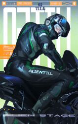 1boy alien_stage alternate_costume bantian_daxi character_name chinese_commentary commentary_request copyright_name english_text green_eyes grey_hair helmet highres looking_at_viewer male_focus myers-briggs_type_indicator race_vehicle racing_suit sitting solo till_(alien_stage) v