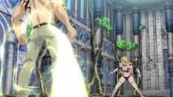 1boy 1girl abs animated anime_screenshot ass attack back bikini blonde_hair breasts curvy dimples_of_venus energy_sword fairy_tail fighting hair_ornament highleg highleg_bikini kiria_(fairy_tail) laxus_dreyar lightning long_hair looking_back lying muscular muscular_male on_floor on_side pants punching swimsuit sword tagme thighs thong topless_female topless_male video violence weapon wide_hips