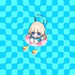 1girl blonde_hair blue_archive blue_eyes blue_shirt chibi commentary_request floating full_body halo halterneck highres koyuuuuuuuuuuu no_mouth no_nose optical_illusion primrose_field_illusion rubber_duck shirt signature solo swim_ring toki_(blue_archive) water