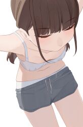 1girl arms_behind_back blunt_bangs bra breasts brown_hair closed_eyes grey_shorts highres hiroki_(yyqw7151) long_hair original panties panties_under_shorts short_hair shorts simple_background small_breasts solo underwear white_background white_bra white_panties