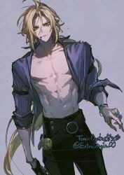 1boy abs bare_pectorals black_gloves black_pants blonde_hair blood blood_on_face blue_eyes blue_shirt bracelet collarbone collared_shirt curtained_hair gloves grey_background heterochromia highres hugo_vlad jewelry long_hair looking_at_viewer male_focus ogata_tomio open_clothes open_shirt pants pectorals pointy_ears red_eyes shirt simple_background single_glove sleeve_cuffs sleeves_rolled_up solo sparkle standing tear_stain toned toned_male twitter_username very_long_hair wing_collar zenless_zone_zero