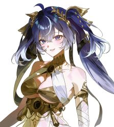 1girl ahoge bare_shoulders blue_eyes blue_hair breasts cleavage collarbone commentary fsuusux gold_bra hair_belt hair_between_eyes hair_ornament hashtag-only_commentary head_wreath highres iuno_(wuthering_waves) long_hair looking_at_viewer medium_breasts multicolored_hair parted_lips simple_background smile solo streaked_hair twintails underboob upper_body wuthering_waves