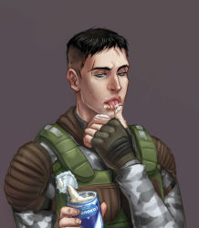 1boy eating fingerless_gloves gloves male_focus military military_uniform scar short_hair simple_background solo stalker stalker_(game) upper_body