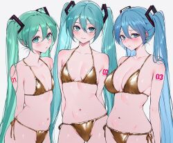3girls aqua_eyes aqua_hair arms_behind_back bikini blue_eyes blue_hair blush breasts closed_mouth collarbone commentary embarrassed gold_bikini hair_between_eyes halterneck hatsune_miku highres large_breasts long_hair looking_at_viewer medium_breasts multiple_girls navel number_tattoo parted_lips qiandaiyiyu side-tie_bikini_bottom simple_background small_breasts smile swimsuit take_your_pick tattoo twintails very_long_hair vocaloid white_background