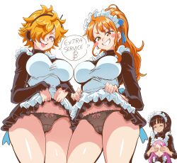 4girls absurdres apron black_dress black_hair blue_ribbon blush_stickers breasts bright_pupils cameltoe closed_eyes closed_mouth clothes_lift commentary covering_another&#039;s_eyes curvy dress dress_lift earrings english_commentary english_text frilled_apron frills grin hair_over_one_eye hair_ribbon high_ponytail highres jewelry jewelry_bonney large_breasts lewdamone lifting_own_clothes long_sleeves looking_at_viewer maid_apron maid_headdress messy_hair multiple_girls nami_(one_piece) naughty_face nico_robin one_piece orange_hair panties patreon_logo pink_eyes pink_hair ponytail ribbon shiny_skin simple_background smile speech_bubble teeth thighs thong tongue tongue_out underwear upper_teeth_only v-shaped_eyebrows vegapunk_lilith watermark web_address white_apron white_background white_pupils wide_hips
