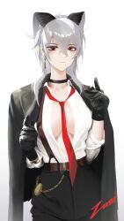 1girl absurdres alternate_costume belt black_choker black_gloves black_horns black_jacket black_pants breasts brown_belt character_name choker closed_mouth collarbone commentary cowboy_shot curled_horns earrings gloves grey_hair hair_between_eyes hands_up highres horns jacket jacket_on_shoulders jewelry key_earrings large_breasts long_hair looking_at_viewer loose_necktie mole mole_under_eye necktie no_bra open_clothes open_shirt pants red_eyes red_necktie shirt shirt_tucked_in solo white_shirt wuthering_waves yuu_(oyasuu) zani_(wuthering_waves)