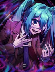 Rule 34 | 1girl, :d, aqua hair, blue eyes, collared shirt, commentary, eyepatch, hair between eyes, hair intakes, hanmari, hatsune miku, heart, heart-shaped pupils, highres, jacket, lower teeth only, monitoring (vocaloid), necktie, open mouth, pink jacket, purple necktie, ringed eyes, school uniform, shirt, smile, solo, star (symbol), suit jacket, symbol-shaped pupils, teeth, tie clip, twintails, vocaloid, white shirt