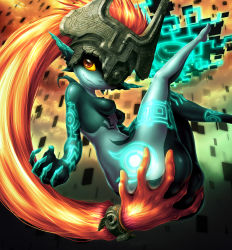 1girl ass blue_skin breasts colored_sclera colored_skin deep_skin fang female_focus grabbing_own_ass helmet highres living_hair long_hair low-tied_long_hair midna neon_trim nintendo nude one_eye_covered orange_hair pointy_ears prehensile_hair red_eyes sitting skindentation small_breasts smile solo the_legend_of_zelda the_legend_of_zelda:_twilight_princess very_long_hair yellow_sclera yuqoi