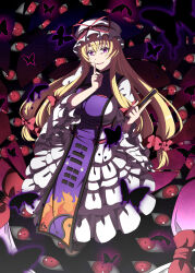 1girl absurdres blonde_hair breasts bug butterfly dress evil_smile finger_to_mouth folded_fan folding_fan frills from_above full_body gap_(touhou) hair_between_eyes hair_ribbon hand_fan hat highres holding holding_fan insect kyoukyan large_breasts long_hair long_sleeves looking_at_viewer mob_cap purple_eyes purple_tabard ribbon smile solo spell_card tabard touhou very_long_hair white_dress yakumo_yukari