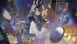 agnes_tachyon_(umamusume) ahoge animal_ears black_coat black_gloves black_hair black_shirt broken_mirror brown_hair celestial_globe clock coat collared_shirt different_reflection dimension_mirror ear_tag earrings gloves hand_up highres horse_ears horse_girl jewelry lab_coat long_hair long_sleeves manhattan_cafe_(umamusume) medium_hair mirror multicolored_hair necktie open_clothes open_coat picture_frame plant reflection shirt single_earring solarisyuri! twitter_username umamusume variant_set very_long_hair vines watermark white_coat white_hair yellow_necktie