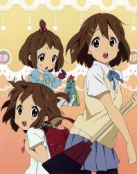 1girl absurdres age_comparison anime_coloring artist_request baby backpack bag black_pantyhose bob_cut breasts broom broom_guitar brown_eyes brown_hair child double-parted_bangs gradient_background grey_ribbon grey_skirt hair_ornament hairpin happy highres hirasawa_yui holding holding_broom k-on! lace_background multiple_views neck_ribbon official_art open_mouth pantyhose pink_background pleated_skirt randoseru red_bag ribbon sakuragaoka_high_school_uniform scan school_uniform shirt short_sleeves skirt small_breasts summer sweater_vest teeth third-party_source topknot unconventional_guitar upper_teeth_only white_shirt yellow_background yellow_sweater_vest